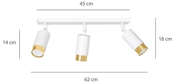 Plafoniera 3 Luci A Faretti Orientabili A Cilindro In Acciaio Bianco E Oro