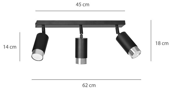 Plafoniera 3 Luci A Faretti Orientabili A Cilindro In Acciaio Nero E Cromo