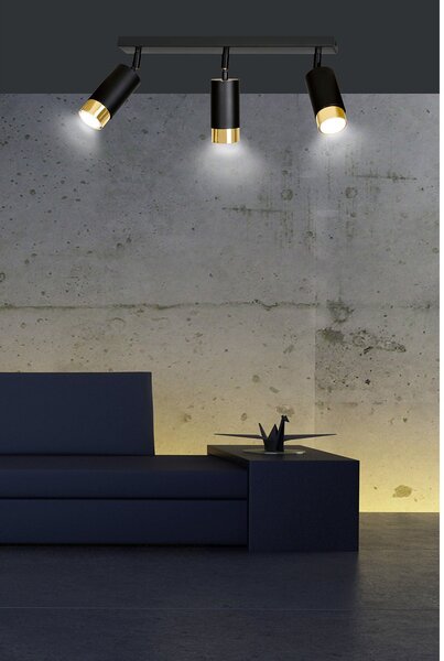 Plafoniera 3 Luci A Faretti Orientabili A Cilindro In Acciaio Nero E Oro