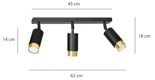Plafoniera 3 Luci A Faretti Orientabili A Cilindro In Acciaio Nero E Oro