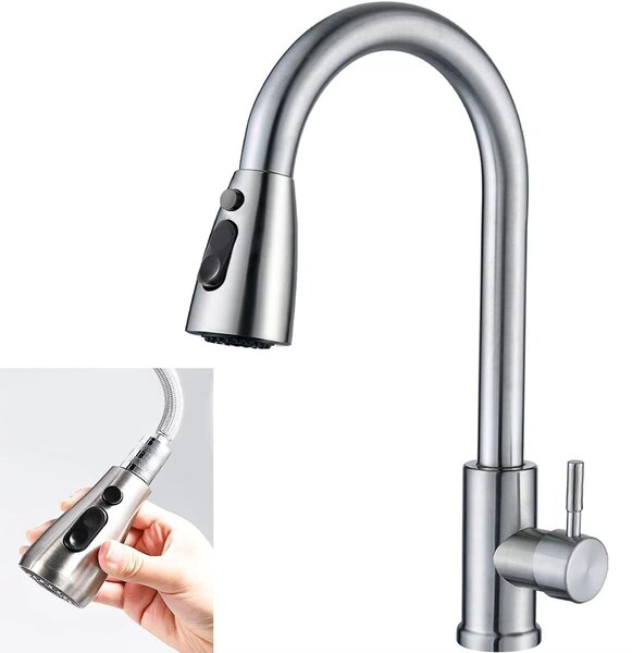 Miscelatore per cucina – Miscelatore per lavello con doccetta estraibile – Bocchetta alta – 3 tipi di getto – Miscelatore monocomando – Acciaio inossidabile – Argento