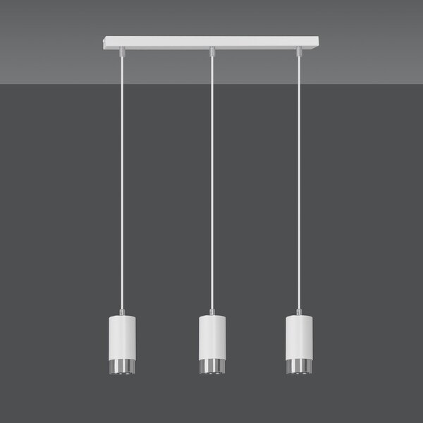 Lampadario 3 Luci Norreno Con Cilindri In Acciaio Bianco E Cromo