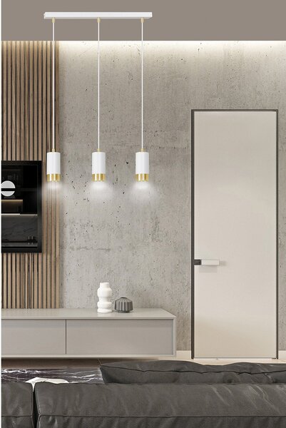 Lampadario 3 Luci Norreno Con Cilindri In Acciaio Bianco E Oro