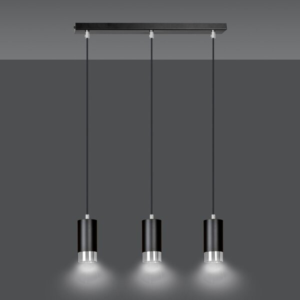 Lampadario 3 Luci Norreno Con Cilindri In Acciaio Nero E Cromo
