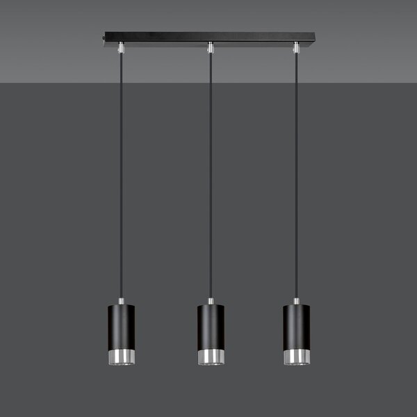 Lampadario 3 Luci Norreno Con Cilindri In Acciaio Nero E Cromo