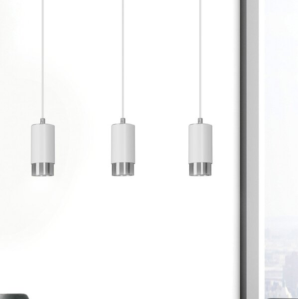 Lampadario 3 Luci Norreno Con Cilindri In Acciaio Bianco E Cromo