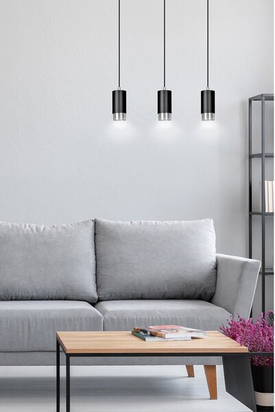 Lampadario 3 Luci Norreno Con Cilindri In Acciaio Nero E Cromo
