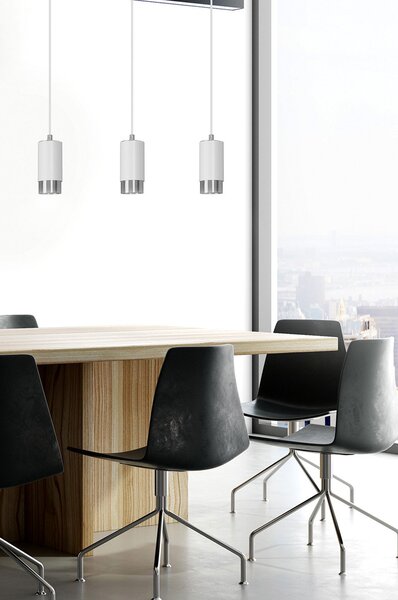 Lampadario 3 Luci Norreno Con Cilindri In Acciaio Bianco E Cromo