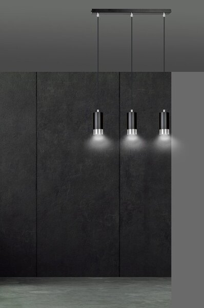 Lampadario 3 Luci Norreno Con Cilindri In Acciaio Nero E Cromo