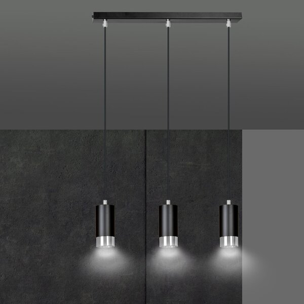 Lampadario 3 Luci Norreno Con Cilindri In Acciaio Nero E Cromo