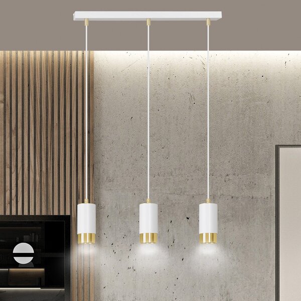 Lampadario 3 Luci Norreno Con Cilindri In Acciaio Bianco E Oro