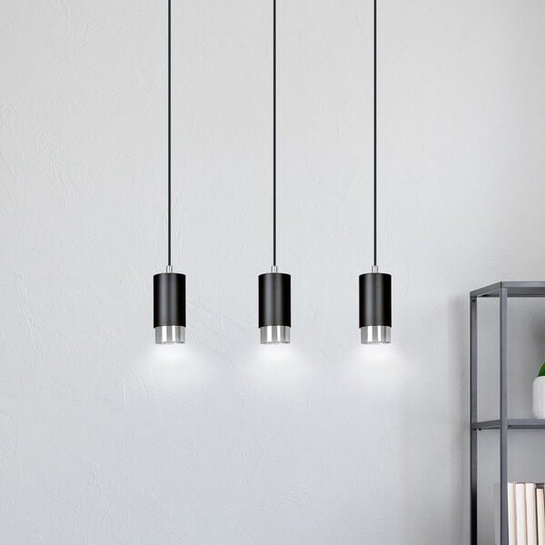 Lampadario 3 Luci Norreno Con Cilindri In Acciaio Nero E Cromo
