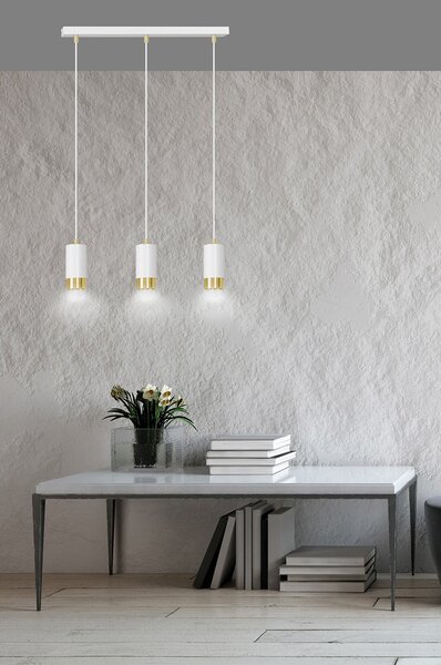 Lampadario 3 Luci Norreno Con Cilindri In Acciaio Bianco E Oro