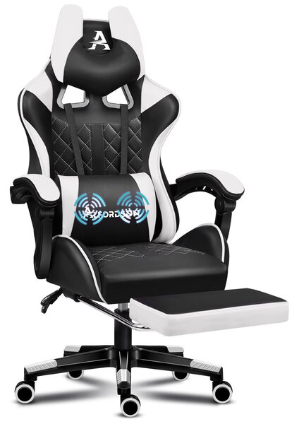 ALFORDSON sedia da gioco premium con poggiapiedi e supporto lombare, design ergonomico, inclinazione di 150°, sedia da scrivania in pelle per ufficio da gioco, 180 kg bianco