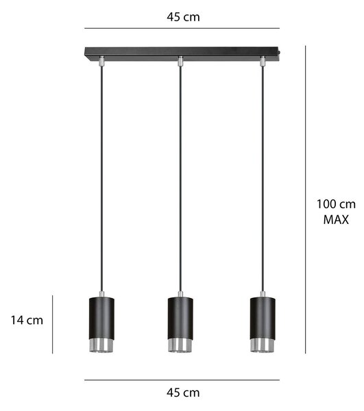 Lampadario 3 Luci Norreno Con Cilindri In Acciaio Nero E Cromo