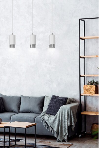 Lampadario 3 Luci Norreno Con Cilindri In Acciaio Bianco E Cromo