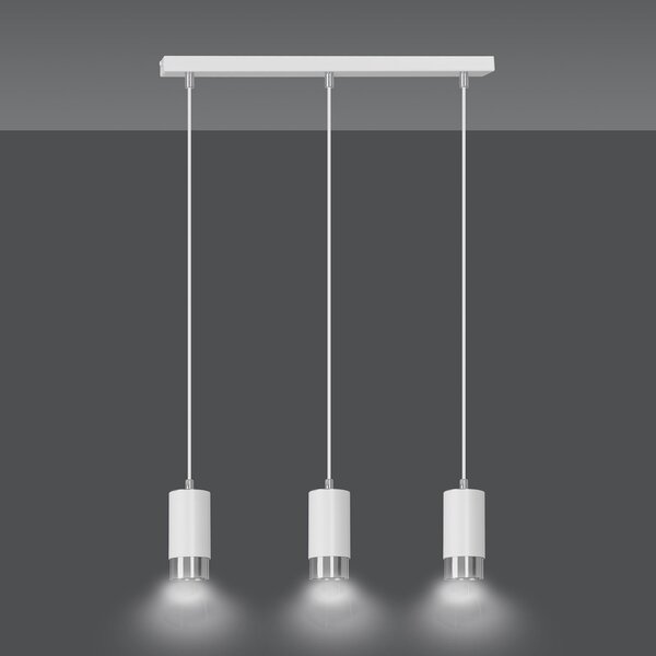 Lampadario 3 Luci Norreno Con Cilindri In Acciaio Bianco E Cromo