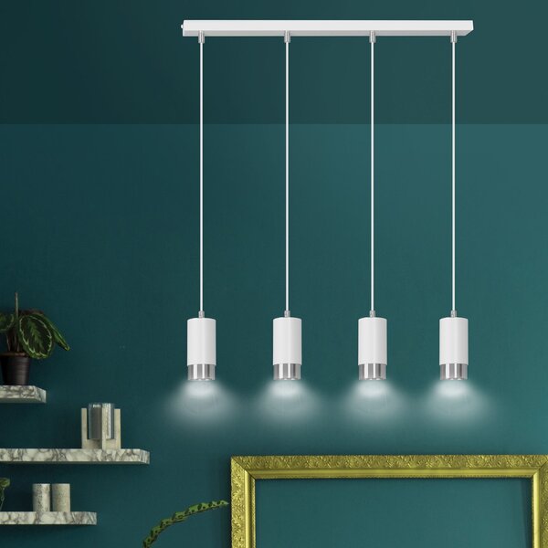 Lampadario 4 Luci Norreno Con Cilindri In Acciaio Bianco E Cromo