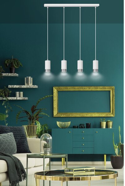 Lampadario 4 Luci Norreno Con Cilindri In Acciaio Bianco E Cromo