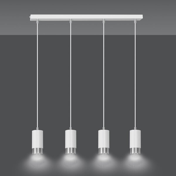 Lampadario 4 Luci Norreno Con Cilindri In Acciaio Bianco E Cromo