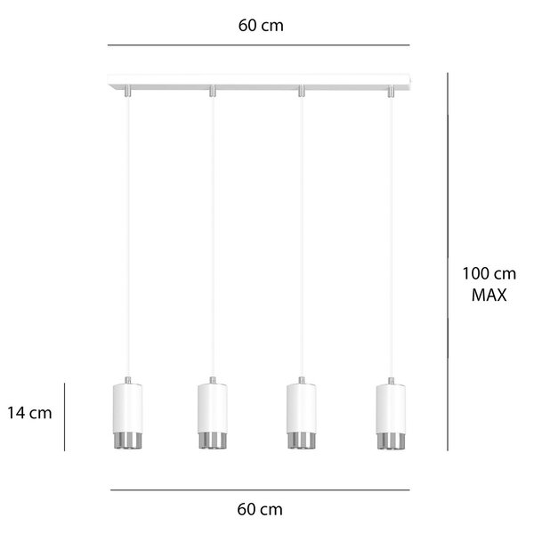 Lampadario 4 Luci Norreno Con Cilindri In Acciaio Bianco E Cromo