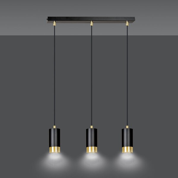 Lampadario 3 Luci Norreno Con Cilindri In Acciaio Nero E Oro