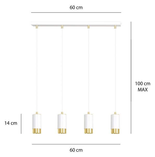 Lampadario 4 Luci Norreno Con Cilindri In Acciaio Bianco E Oro