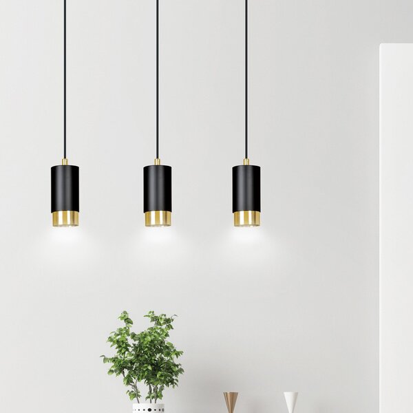 Lampadario 3 Luci Norreno Con Cilindri In Acciaio Nero E Oro