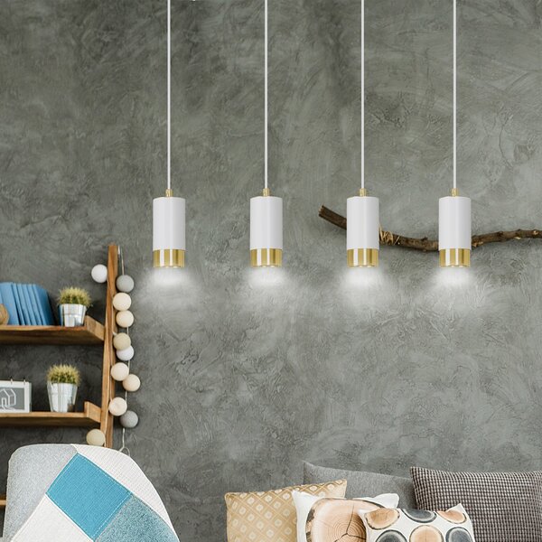 Lampadario 4 Luci Norreno Con Cilindri In Acciaio Bianco E Oro