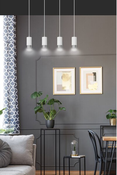 Lampadario 4 Luci Norreno Con Cilindri In Acciaio Bianco E Cromo