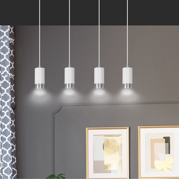 Lampadario 4 Luci Norreno Con Cilindri In Acciaio Bianco E Cromo