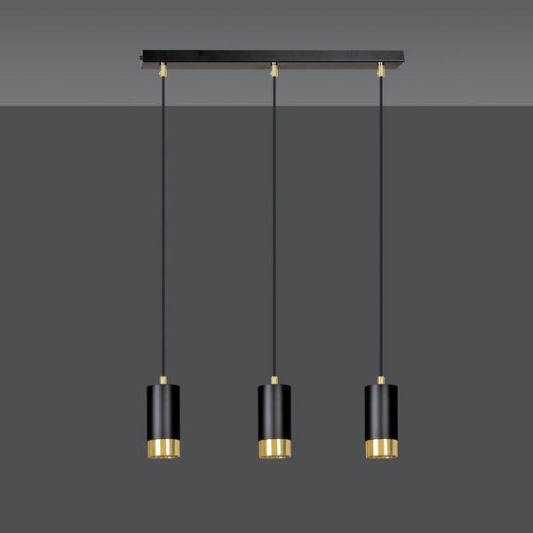 Lampadario 3 Luci Norreno Con Cilindri In Acciaio Nero E Oro