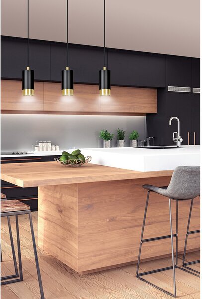 Lampadario 3 Luci Norreno Con Cilindri In Acciaio Nero E Oro