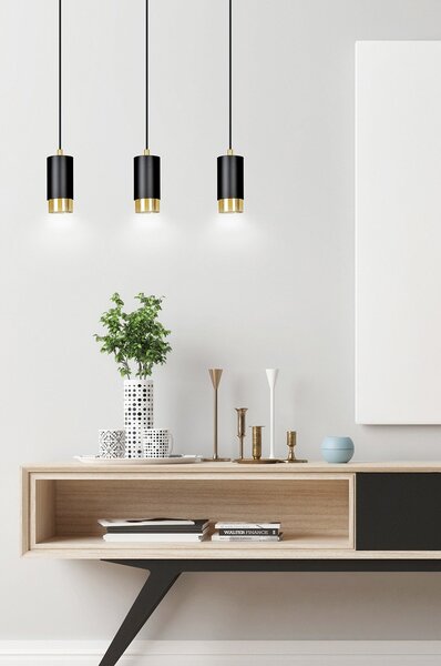 Lampadario 3 Luci Norreno Con Cilindri In Acciaio Nero E Oro
