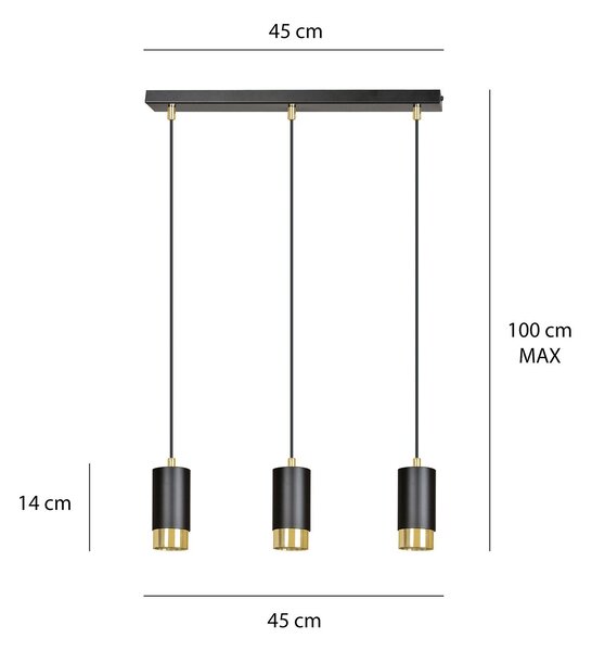 Lampadario 3 Luci Norreno Con Cilindri In Acciaio Nero E Oro