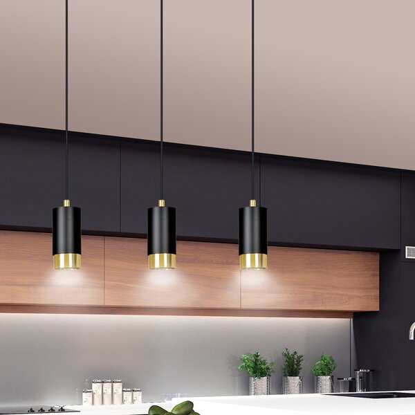 Lampadario 3 Luci Norreno Con Cilindri In Acciaio Nero E Oro