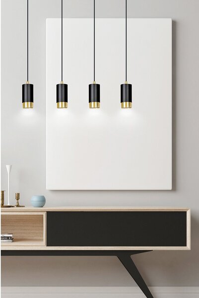 Lampadario 4 Luci Norreno Con Cilindri In Acciaio Nero E Oro