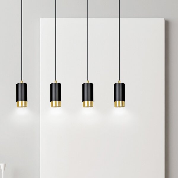 Lampadario 4 Luci Norreno Con Cilindri In Acciaio Nero E Oro
