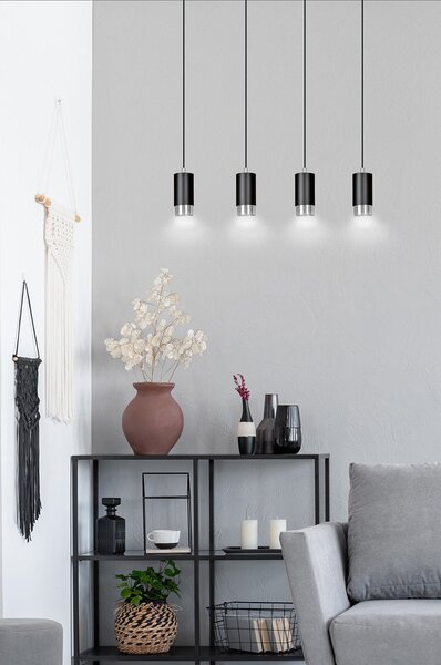 Lampadario 4 Luci Norreno Con Cilindri In Acciaio Nero E Cromo