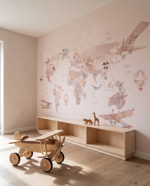 Carta da parati Rotte rosa sulla mappa, Mappe per piccoli esploratori, Acquerello, u93908 - Tapeko.it