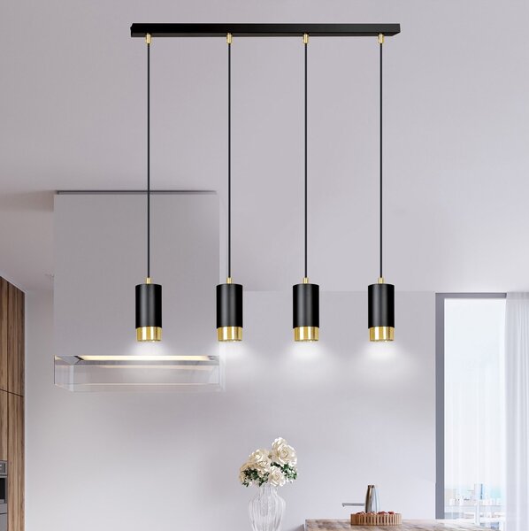 Lampadario 4 Luci Norreno Con Cilindri In Acciaio Nero E Oro
