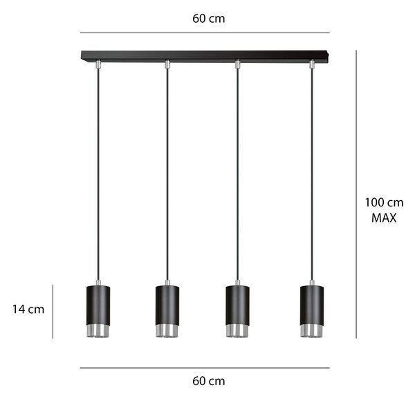 Lampadario 4 Luci Norreno Con Cilindri In Acciaio Nero E Cromo