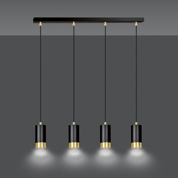 Lampadario 4 Luci Norreno Con Cilindri In Acciaio Nero E Oro