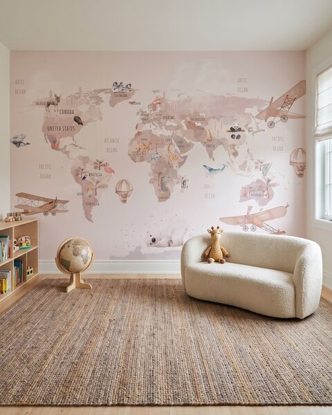 Carta da parati Rotte rosa sulla mappa, Mappe per piccoli esploratori, Acquerello, u93908 - Tapeko.it