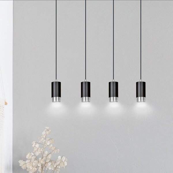 Lampadario 4 Luci Norreno Con Cilindri In Acciaio Nero E Cromo