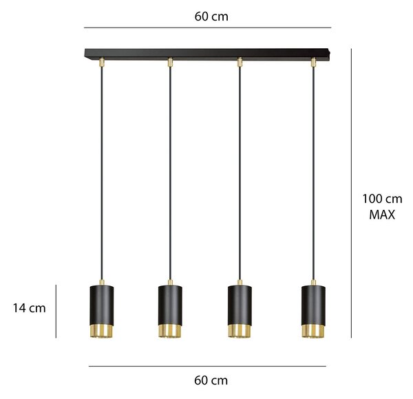 Lampadario 4 Luci Norreno Con Cilindri In Acciaio Nero E Oro