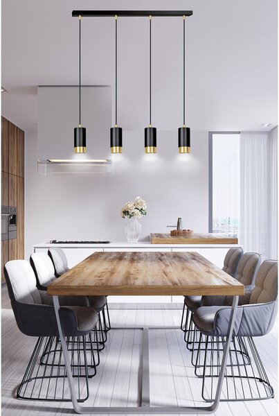 Lampadario 4 Luci Norreno Con Cilindri In Acciaio Nero E Oro