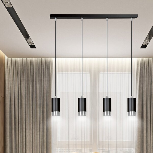 Lampadario 4 Luci Norreno Con Cilindri In Acciaio Nero E Cromo
