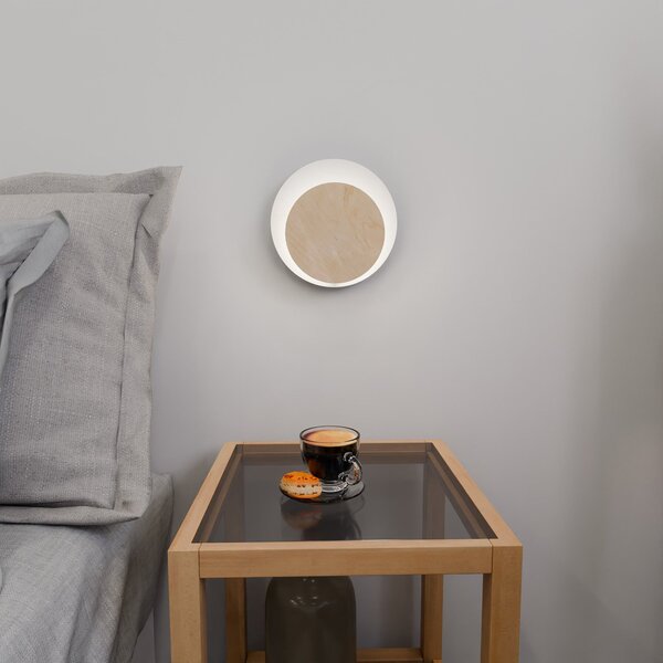 Applique 1 Luce A Disco Con Base In Acciaio Bianco E Legno Naturale