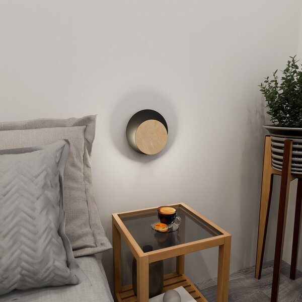 Applique 1 Luce A Disco Con Base In Acciaio Nero E Legno Naturale